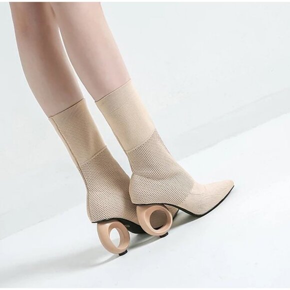 Autumn Winter EuropesnDesign Women Mid-calf Boots Knitted Stretch Fabric Sew - Picture 3 of 8